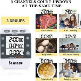 Samshow (2 Pack) Digital Kitchen Timers for Cooking Triple Timer Count UP/Down Dual Timer Large LCD Display, White