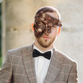 Oidea Masquerade Mask for Men: Steampunk Mechanical Cyborg Phantom of The Opera Mask Party Mask with Black Bow Tie, Gold