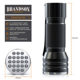 Brandson - Pet Urine Detector - LED UV Blacklight Torch - UV Blacklight Torch - Ultraviolet Light with 21x LEDs - Energy Efficiency Class A - High Illumination Area Luminous Intense