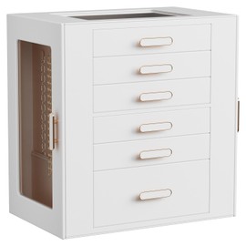 ASINGYER Jewelry Boxes for Women, 6 Layer Jewelry Organizer with Glass Lids, Jewelry Holder Organizer with 5 Drawers and 2 Glass Doors for Jewelry Storage, Big Jewelry Box for Womens Gift (White)