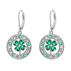 HPQQ St Patricks Day Gifts 925 Sterling Silver Shamrock Earrings for Women Irish Celtic Dangle Earrings St Patricks Day Jewelry for Her Girlfriend Sister Mom, Sterling Silver, Cubic Zirconia