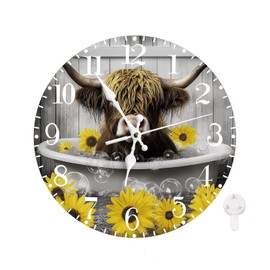 Ansouyi Round Wall Clock Battery Operated Clocks Wallclock 10 Inch,Funny Highland Cow Yellow Flower Silent Non Ticking Wall Clock for Living Room,Kitchen,Home,Bathroom,Bedroom,Office or School