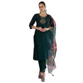 VredeVogel Women's Cotton Silk Embroidered Kurta with Pant & Organza Dupatta Set (Green_Large)