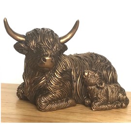 Laying Highland Cow Mother & Calf ornament figurine from the Leonardo Reflections Bronzed range