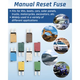 8Pcs Manual Reset Fuse E73 E79 ATM Low Profile Mini Blade Style Circuit Breaker T3 5A 6A 7.5A 10A 15A 20A 25A 30A Fuses Assortment Kit Boat Marine RV Car Truck DC 12V 28 Volts