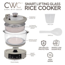 COOK WITH COLOR 3L Glass Low Carb Rice Cooker - Makes 6 Cups Low Sugar Rice with Auto Lift Filter Basket, Hotpot & Steamer for Rice, Grains and Oats, Digital Panel with Keep Warm Function, Sand