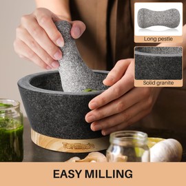 Tortillada – 6-inch Mortar and Pestle Set Large Made of Natural Granite with Anti-Scratch Wood Base Granite Spice Herb Grinder Pill Crusher with 50 Recipes, Black