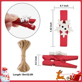 jijAcraft Red Small Wooden Pegs with Snowflakes: 3.5 cm Mini Christmas Photo Clips with Jute String Pack of 50 Wooden Clothes Pegs for Advent Calendar Christmas Decoration DIY Crafts