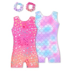 Tstiti Gymnastics Leotards for Girls 2 Pack Sparkly Kids Biketards Dance Unitards Matching Hair Scrunchies