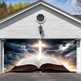 Aodali Easter Cross Garage Door Backdrop, Resurrection of Jesus Bible Cover, Christian Holy Light Crucifix Heaven Banner, 96" x 84" (240 x 210 cm), Polyester, R2431
