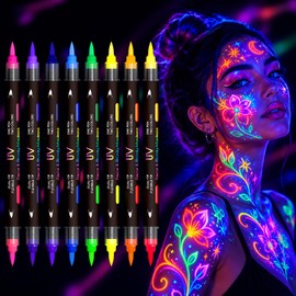 16 Colors 8Pcs Glow in The Dark Face Paint Markers, UV Neon Body Paint Pens, Black-light Body Painting for Skin, Washable Temporary Tattoo Pens for Halloween, Music Festivals Parties (16, black)