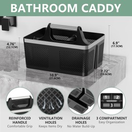 BYUNER Black Shower Caddy Portable: Plastic Bathroom Caddy Organizer with Handle and Holes, Cleaning Caddy, Hard Shower Basket Storage Tote for Toiletry, College Dorm Room Essentials for Men