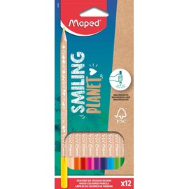 Maped - Smiling Planet Natural Wood Coloured Pencils – 12 Bright Colours – Drawing Pencils for Children – Ergonomic Triangular Colouring Pencil – Pack of 12 FSC Certified Wooden Pencils