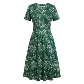 Women's Elegant Vintage Business Casual Floral Print Work Party A-Line Swing Dress with Pockets 162 (L, Green Floral)