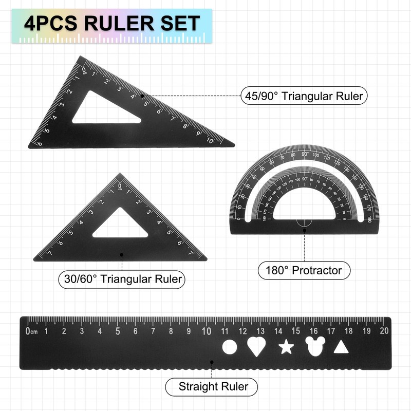 HARFINGTON 4pcs Triangular Ruler Set 20mm Aluminum Ruler Geometric Protractor