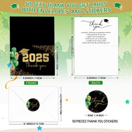 Motiskyy 50 Sets Bulk Graduation Thank You Cards 2025 Graduation Card with Envelopes and Stickers College Graduation Balloons Thank You Notes Greeting Card for Guest Family Teacher Classmate(Green)