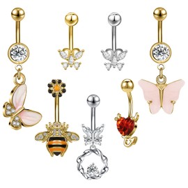 BodyAce Dangling Belly Button Rings, Stainless Steel Heart Belly Rings Butterfly Navel Rings, 14G Cubic Zircon Navel Piercing Belly Jewelry for Women Men (B)