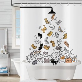 Hnmdmyi Shower Curtain Funny Cat 120 x 200 cm, Children's Cartoon Animal Kitten Colourful Adorable Hilarious Pets Bath Curtain Waterproof Polyester Fabric Washable Bath Curtain with Hooks