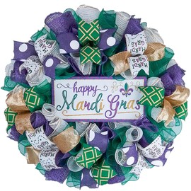 Happy Mardi Gras Wreath, 24 Inches, Purple White Gold Green, Fat Tuesday Decorations, Mardi Gras Party Decor, Indoor Outdoor Use