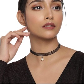 Atentuyi Black Lace Collar Pearl Collar Clavicle Chain Lace Collar Vintage Lace Tattoo Choker Gothic Jewellery for Women and Girls Teens