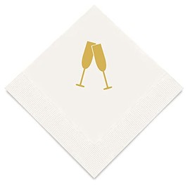 Weddingstar 3-Ply Gold Foil Cocktail Napkins White - Champagne Flutes