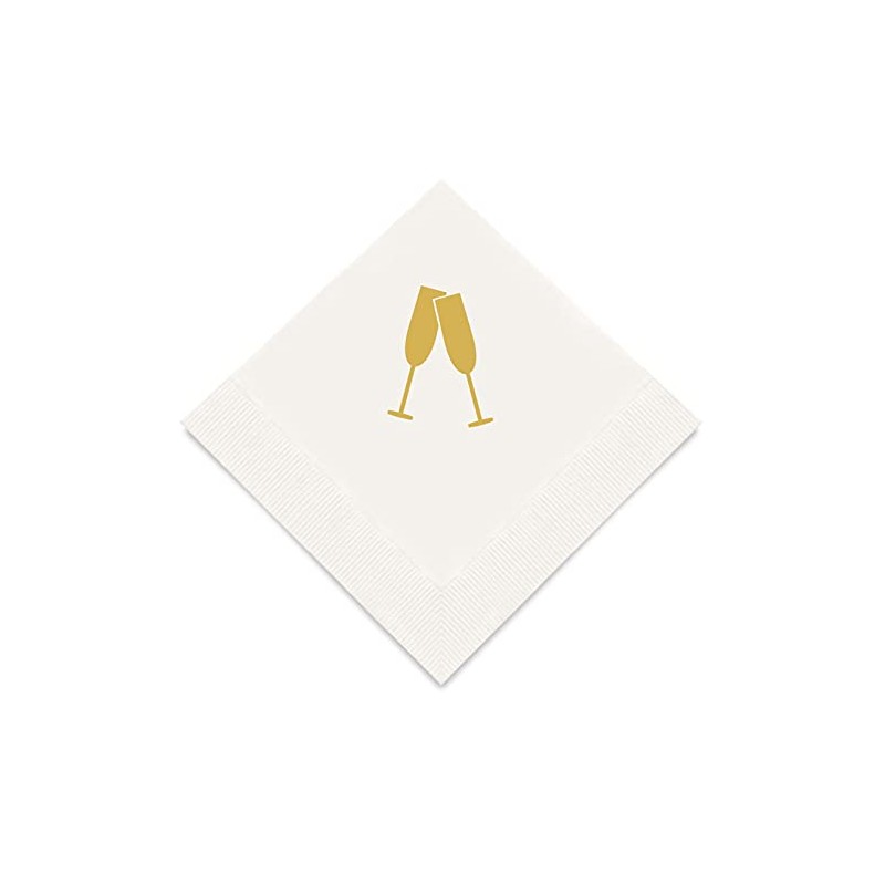 Weddingstar 3-Ply Gold Foil Cocktail Napkins White - Champagne Flutes