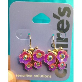 Claire's One Pair Claire's Pink Purple Gold tone Flower Wings Dangling Butterfly Earrings