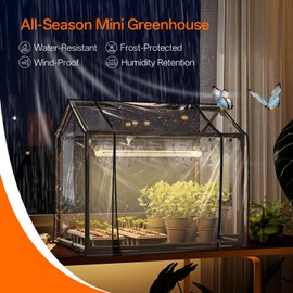 Bstrip Indoor Greenhouse with Grow Light, Mini PVC Tent with PE Base Mat, Ventilation Windows & Zippered Door, 18W Tabletop Greenhouse Light for Seed Starting with Timer, 23.8" x 15.7" x 20.5"