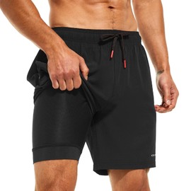 HODOSPORTS Mens Swimsuit Trunks 7" Quick-Dry Swim Shorts with Compression Liner and Zipper Pockets (Medium,Black)