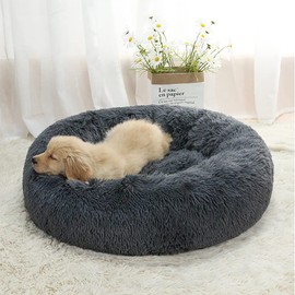 LAIZIHUI Dog Beds, Doughnut Cushion, Cat Bed, Dog Basket, Fluffy Dog Bed for Large, Medium and Small Dogs. (60 cm, Dark Grey)