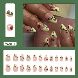 Yellow French Tip Press on Nails Almond Fake Nails with Ladybug Green Leaves Design Short False Nail Press ons Reusable Artificial Nail Full Cover Stick on Nails for Women Spring Summer Manicure 24Pcs
