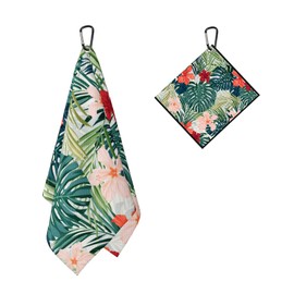 BEITUOLA Tropical Floral Golf Towel 2 Packs Hibiscus Flowers Golf Towels for Golf Bags Men Women Hawaiian Plants Microfiber Waffle Golf Towel with Clip Funny Golf Gift Accessories