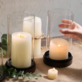 Volens Glass Hurricane Candle Holder with Wooden Tray - Set of 3 Candle Holders for Pillar Candles with Clear Windproof Cylinders, Decorative Wood Stands for Wedding Centerpiece & Holiday Decor