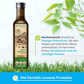 Hanfsamenöl 250 ml – Kaltgepresstes natürliches Öl aus Hanfsamen | Mild-nussiger Geschmack | Vielseitig für Küche und Pflege | Von BIOHERBA
