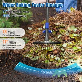 Rake for Leaves: Adjustable Metal Leaf Rake for Lawn, 8-17" Expandable Head, 45” Long Handle,Collapsible Heavy Duty Women Kids Garden Rakes for Yard Pine Needles Mulch Grass Debris Gardening Camping