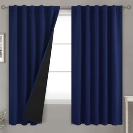 BGment Navy Blue 100% Blackout Curtains 63 Inches Long with Reducing Noise Liner, Rod Pocket and Back Tab Double Layer Full Room Darkening Window Curtain for Bedroom, 2 Panels, Each 42 x 63 Inch