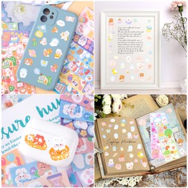 HINZIC 30 Sheets Korean Stickers Cute Rabbit Bear Kpop Deco Stickers for Photocard Self Adhesive Colorful Korean Stickers for Scrapbook DIY Arts Craft Card Making