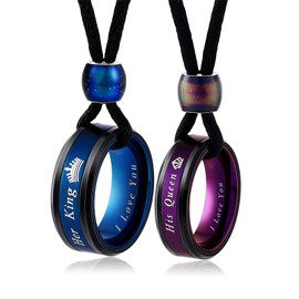 Lieson Stainless Steel Ring Engagement Ring Men and Women Partner Rings Crown Her King and His Queen Friendship Rings Purple/Blue Necklace Pendant Long, Stainless Steel