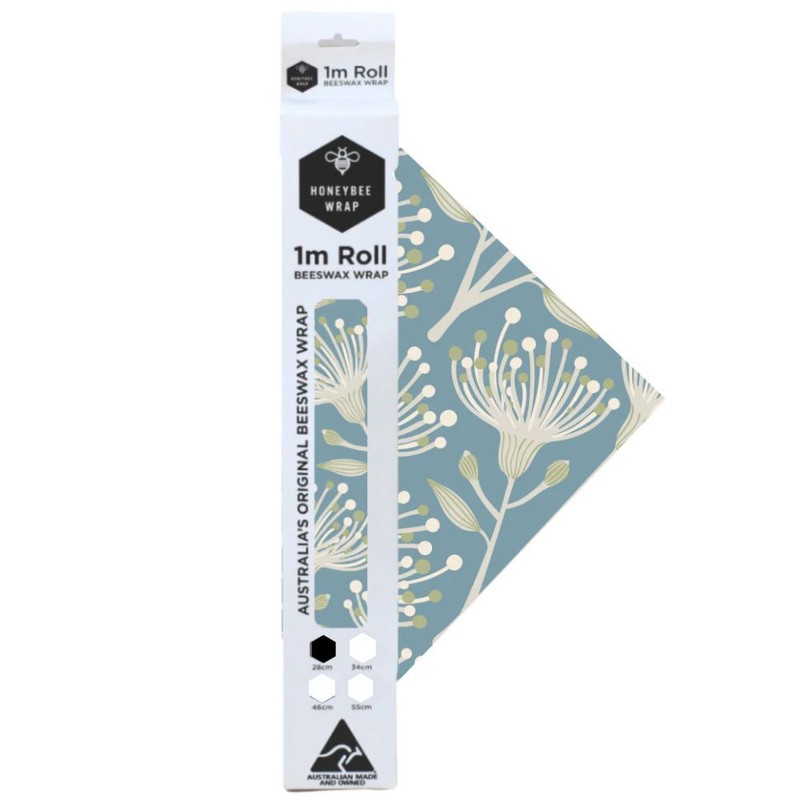 Honeybee Beeswax Wrap Roll (28cm x 100cm), Blue Leaf