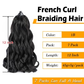 French Curly Braiding Hair 7 Packs 12 Inch Natural Black Pre Stretched Short Wavy Curly Braiding Hair Bouncy Loose Wave Crochet Hair for Women and Kids (7 Packs, 1B#)