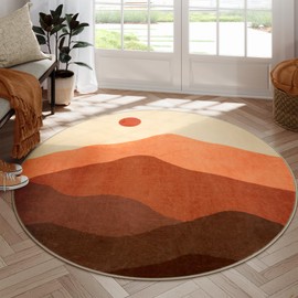 Sungea Round Rugs 6ft, Abstract Circle Area Rug Non-Skid Washable Round Living Room Rug, Large Classroom Rug Mountain Print Accent Carpet for Bedroom Nursery Dining Room(Brunt Orange)