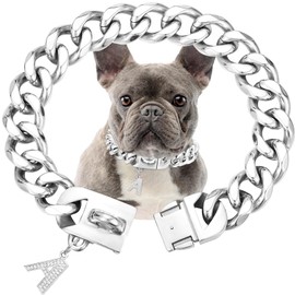 Heavy Duty Gold Dog Chain Collar with Pendant Set 23mm Wide Solid Cuban Link Chains Strong Stainless Steel Chew Proof Collars for Pitbull Large Dog(Silver,24IN)