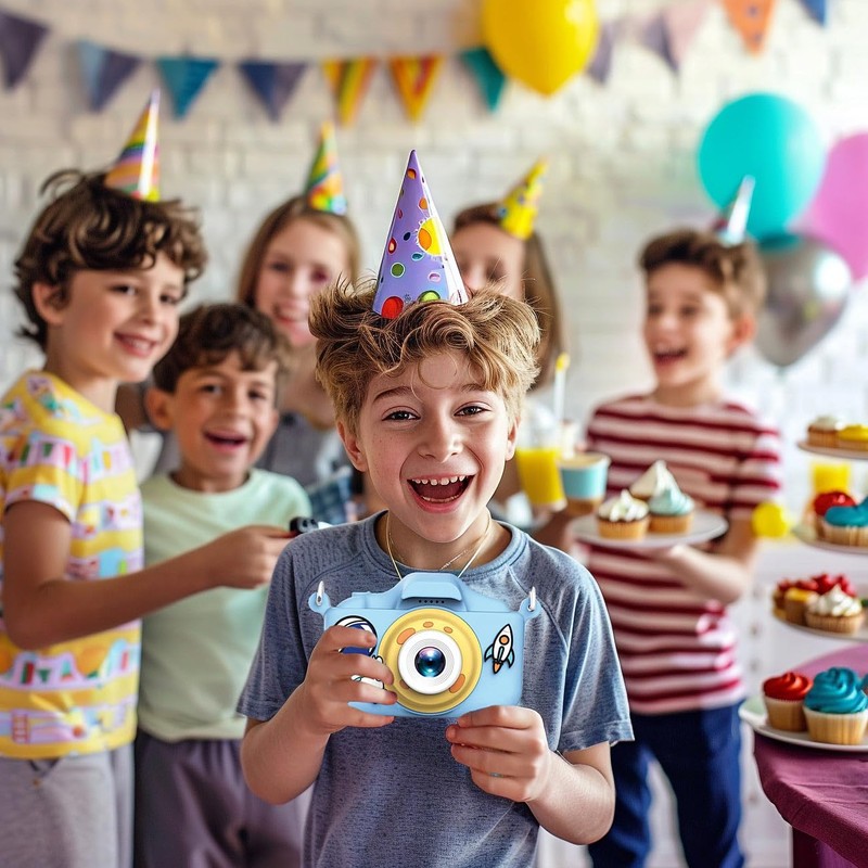 Playtastic Selfie-Kinderkamera, 2''-IPS-Display, 1080p, USB-C, Weltall-Hülle blau