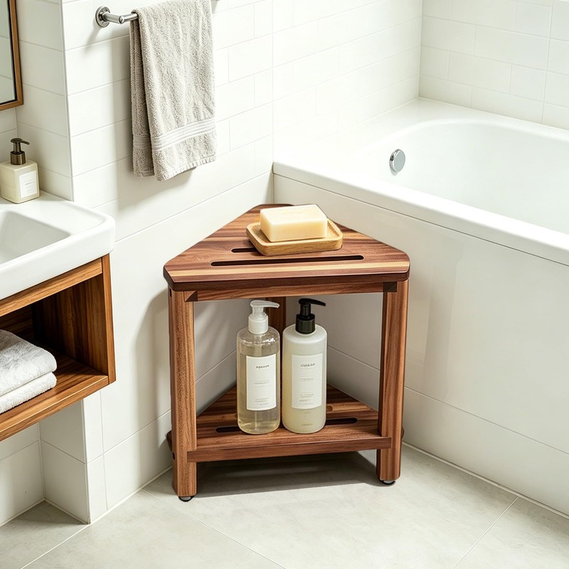 IBosins Corner Shower Stool with Storage Shelf Shower Foot Rest