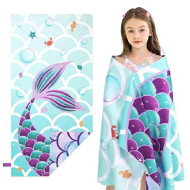 WERNNSAI Mermaid Beach Towel for Children, 76 x 150 cm, Microfibre Bath Towel, Girl, Beach Towel for Bathing, Lightweight and Quick-Drying, Super Soft, Absorbent, Children's Pool, Travel, Swimming