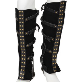 XWXLDD Medieval Leather Boot Covers, Steampunk Warrior Knight Leg Gaiters with Brass Studs, Brown and Black (Black)