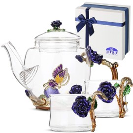 BTaT- Floral Glass Tea Set for Adults, Service for 2, Fancy Glass Pot(8 oz) & Cups(2 oz), Blue Butterfly & Flower Design with Gift Box, Tea Pot Sets for Women Gift, Chrisrmas Gifts