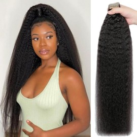 YDDM Black Women Tape Extensions, Real Hair, Black, Kinky Straight Tape-In Hair Extensions, Real Hair Tapes, Invisible Extensions, Real Hair, Tape Extensions, Real Hair, 24 Inches, 20 Pieces, 50 g