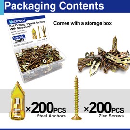 400 PCS Self Drilling Drywall Anchors with Screws Kit, 0.47×1.18 Inch Metal Wall Anchors for Drywall Hanging, No Drill Needed