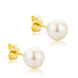 Orovi Gold Pearl Stud Earrings for Women - Solid 9k / 375 Yellow Gold - Hypoallergenic Studs with 6mm Freshwater Pearl